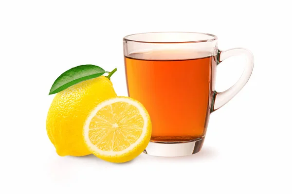 Λεμόνι Ποτήρι Τσάι Φρέσκο Λεμόνι Απομονώνονται Λευκό Φόντο — Φωτογραφία Αρχείου