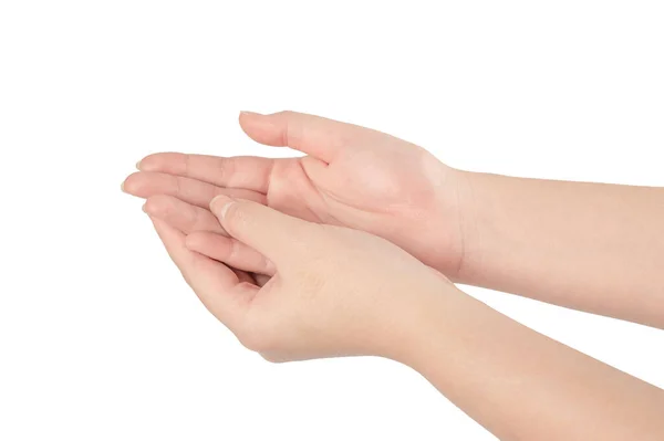 Γυναίκα Χέρι Gesturing Σήμα Stop Απομονώνονται Λευκό Φόντο — Φωτογραφία Αρχείου
