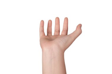 Beyaz arka planda el kol hareketi yapan kadın.