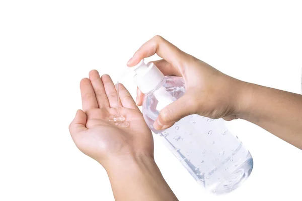年轻女子手部使用酒精凝胶进行手势 手上拿着清洁剂 从白色背景中分离出来 用于洗手和清除细菌 — 图库照片