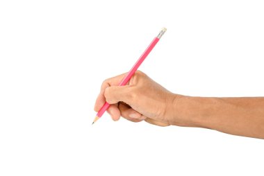 Beyaz arka planda izole edilmiş kalem tutan bir adam el hareketi..
