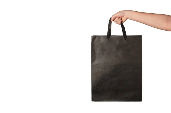 Woman Hand Gesturing Holding Shopping Paper Bag Isolated White Background — Stock Photo, Image