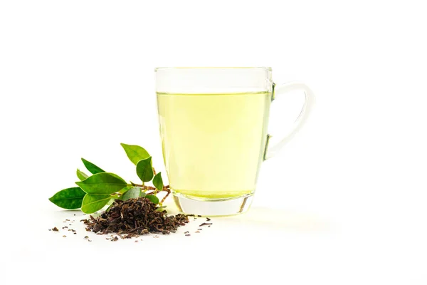 Зеленый Чай Стеклянной Чашке Чайный Лист Изолированы Белом Фоне — стоковое фото