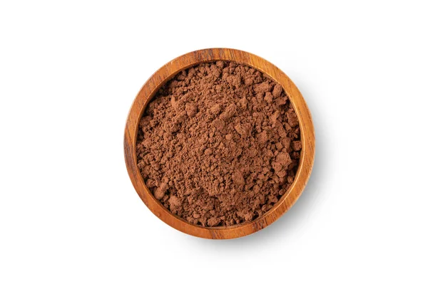 Vista Superior Cacao Polvo Cuenco Madera Aislado Sobre Fondo Blanco — Foto de Stock