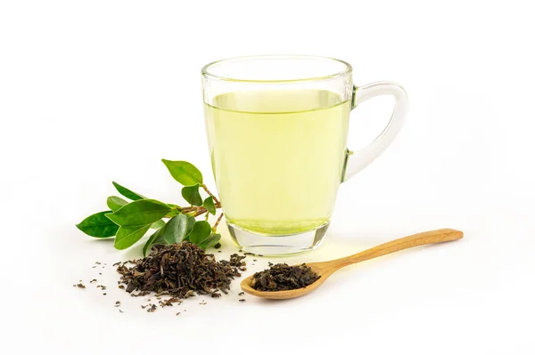 Зеленый Чай Стеклянной Чашке Чайный Лист Изолированы Белом Фоне — стоковое фото