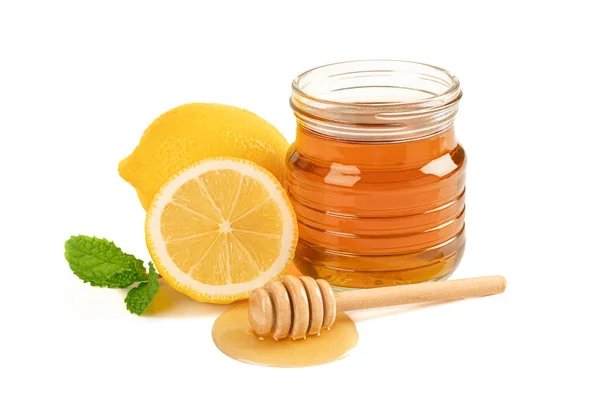 Honingpot Met Citroen Honing Dipper Geïsoleerd Witte Achtergrond Gezonde Voeding — Stockfoto