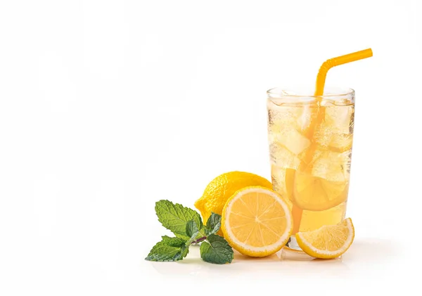 Glass Ice Honey Lemon Juice Mint Leaves Isolated White Background — Stock Photo, Image