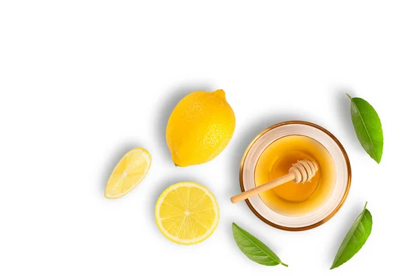 Honey Bowl Fresh Lemon Isolated White Background Healthy Nutrition — Foto de Stock