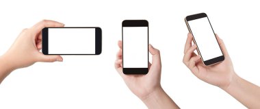 Set of young woman hand holding smartphone isolated on white background.
