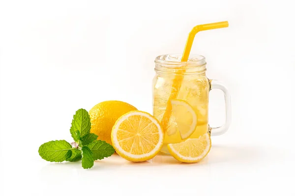 Jug Fresh Lemon Juice Lemon Pieces Mint Leaves Isolated White — Stock fotografie