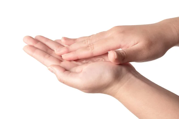 年轻女子手部使用酒精凝胶进行手势 手上拿着清洁剂 从白色背景中分离出来 用于洗手和清除细菌 — 图库照片