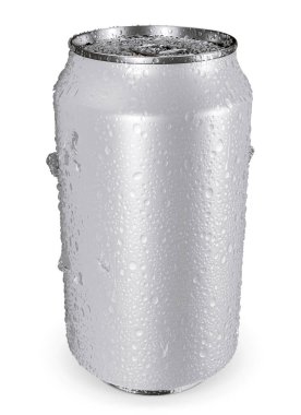 Soda ve bira için alüminyum kutu ön, üst ve alt manzara. İçmek için boş metal teneke kutunun gerçekçi 3D maketi, beyaz arka planda izole edilmiş kapağı halka çekerek.