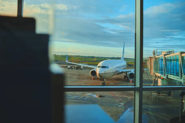 Parked Aircraft City Panama Airport Gate Window — 스톡 사진