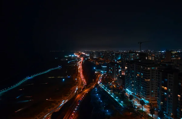 Night Panoramic View Costa Verde High Way Sunset Miraflores Lima — Fotografia de Stock