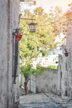 Historic streets of Yanahuara in the city of Arequipa, Peru. Arequipa architecture is characterized by the use of volcanic stone, ashlar