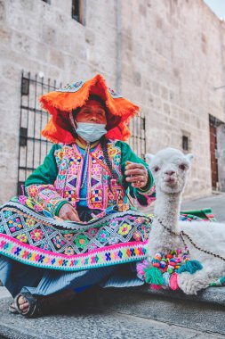 Peruvian Woman in traditional dress with Lama, Portrait of traditional peruvian woman