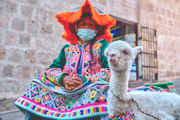 Peruvian Woman in traditional dress with Lama, Portrait of traditional peruvian woman