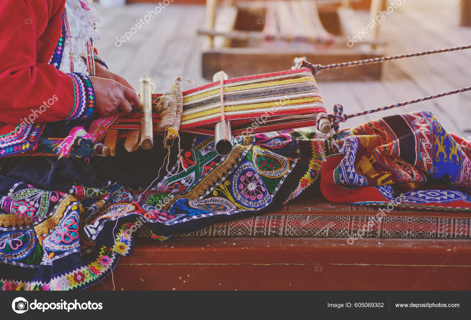 Indigenous Woman Showing Traditional Weaving Technique Textile Making Andes Mountain