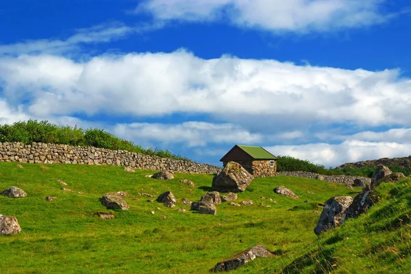 Traditioneel huis met gras dak in saksun, Faeröer — Stockfoto