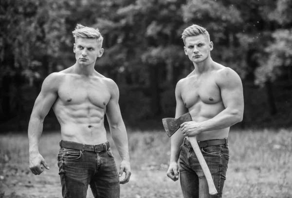 陸上の双子は斧を使う。筋肉質の胴を持つ男性。遺伝学の概念。同胞団の友情。強さと忍耐。強い男の性質の背景。斧で筋肉の男をグループ化。ハンサムな兄弟 — ストック写真