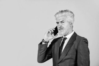 İş görüşmesi. İş adamı telefonda konuşur. Sakallı, saçları boyalı bir adam ceket giyiyor. İş adamları cihaz kullanıyor. Başarılı bir patron. CEO 'luk ve girişimcilik. Tam konsantrasyon. Boşluğu kopyala