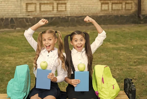 Feliz escola amigos meninas se divertindo, conceito de crianças saudáveis — Fotografia de Stock