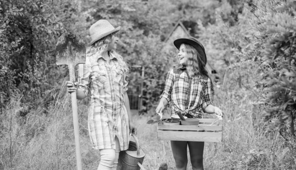 Podstawy ogrodnictwa. Lato na wsi. Siostry pomagające na podwórku. Przyjazne dla dzieci narzędzia ogrodowe zapewniają bezpieczeństwo ogrodnikowi dziecięcemu. Dziewczyny z narzędziami ogrodniczymi. Nauczanie ogrodnictwa proces cyklu życia — Zdjęcie stockowe