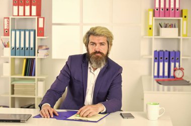 İş çözümleri. Sakallı patron. Standartları yükseltmek. Borsa. Ofis personeli konsepti. Yönetici sorunları çözüyor. Entelektüel bir görev. Finansal analiz. İş kararı vermek