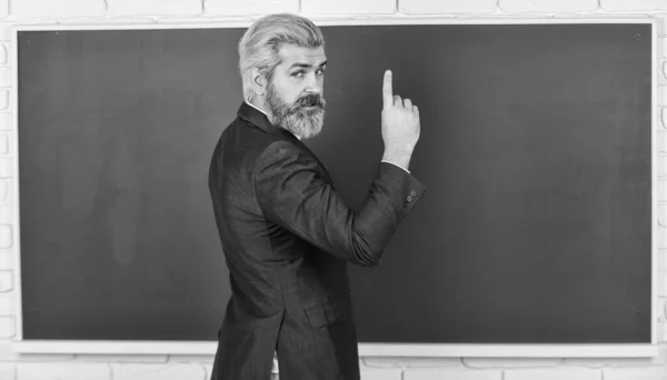 Professora explica tópico. Professor homem na frente do espaço de cópia quadro. Anúncio de cursos gratuitos. Conceito de publicidade. Faça o teste de colocação. O professor queria. Os professores iluminam o caminho do sucesso — Fotografia de Stock