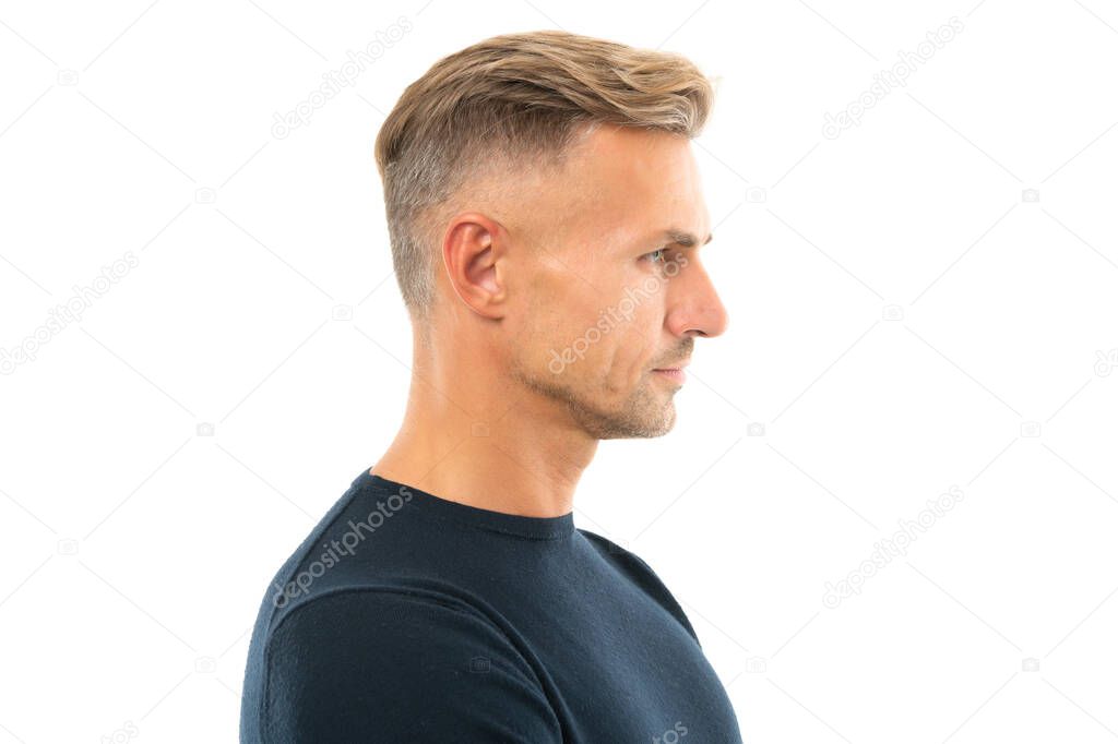 Seriously handsome. Portrait of man in profile. Caucasian man side-face. Serious guy side-on