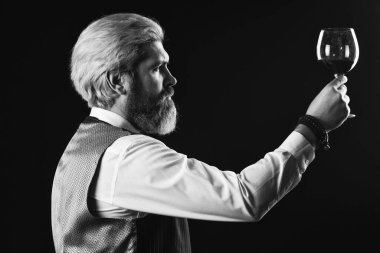 Bardaki barmen. Tecrübeli şarap garsonları şarabın tadına bakar. Barmen Degustation 'da kırmızı şarap tadıyor. Erkek şarap garsonu içkinin değerini biliyor. Bir kadeh kırmızı şarap. Şarap mahzeninde nefis bir içkiyle barmen.