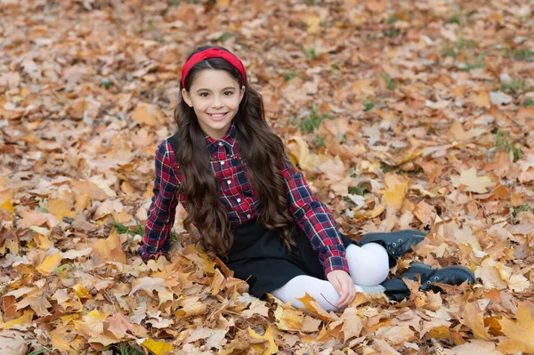 学校の制服を着た陽気な子供が秋の紅葉の屋外でリラックスし — ストック写真