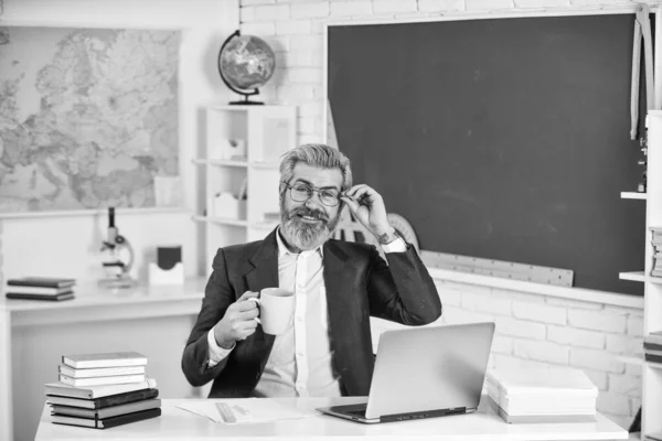 Ensino à distância. O seu pedido é válido. Projecto escolar. De volta à escola. Dia do conhecimento. Homem professor da escola de trabalho sentar na sala de aula. Bonito hipster maduro educador inteligente. Use laptop e internet — Fotografia de Stock