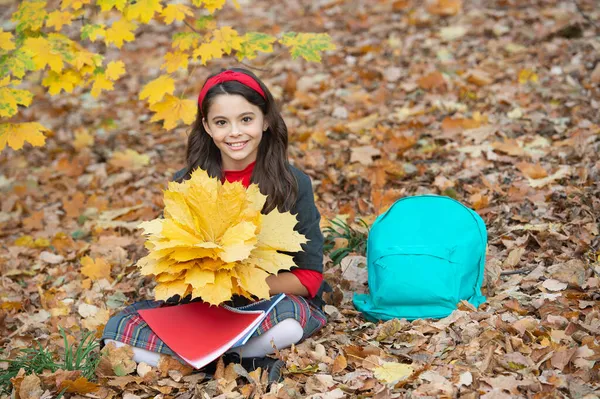 Bambino allegro in uniforme tenere foglie d'acero autunno con sacchetto della scuola e compiti all'aperto, scuola — Foto Stock