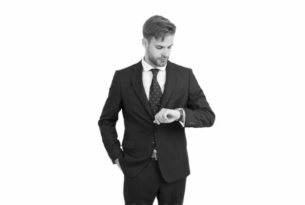 Tid är pengar. Tidsplanering. säker entreprenör med klocka. framgångsrik chef i formalwear. Affärsman i affärsstil. motivation och framgång. Man advokat i slips. anställd har tidsfrist — Stockfoto