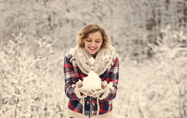 Building snowman. Frozen landscape. Snow makes everything outdoors look amazing. Woman warm clothes snowy forest. Nature covered snow. Happiness. Exciting winter photoshoot ideas. Snow games