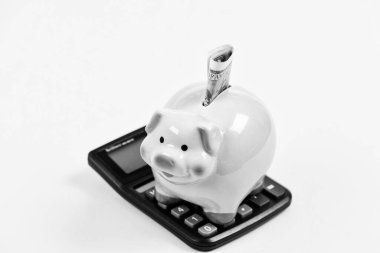 Finansal refah. Tasarruf hesabı. Tasarruf. Tasarruf depozitosu tasarruf etmek için uygun esnek bir yoldur. Ekonomi ve finans. Piggy Bank Pembe Domuz Dolarlık banknot ve hesap makinesi