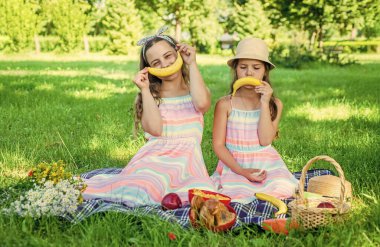 Komik küçük çocuklar üzgün ve mutlu gülen surat ifadeleri yapar muzlu meyveli piknikte güneşli yaz manzarasında yeşil çimlerde, eğlenceli