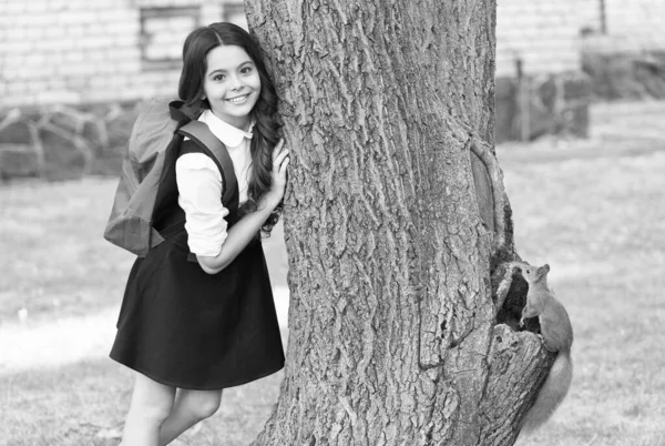 Glad liten unge i uniform med skolan ryggsäck resarch ekorre klättring träd i parken, zoologi. — Stockfoto