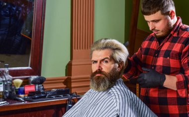 Hippi saç tıraşı oluyor. Berber kozmetik. Kuaför aletleri. Berber işlemler üzerinde yoğunlaşmıştı. Saç şekillendiriyorum. İşlemleri değiştirmek neredeyse imkansız. Saçları boyalı bir adam. Berber berber dükkanı.