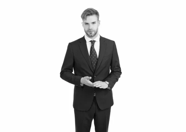 Όμορφος επιχειρηματίας με αυτοπεποίθηση με επίσημο κοστούμι απομονωμένος σε λευκό, ceo — Φωτογραφία Αρχείου