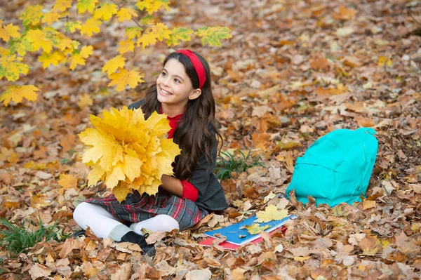 Felice bambino in uniforme scolastica tenere foglie d'acero autunnale con zaino e quaderno all'aperto, autunno — Foto Stock