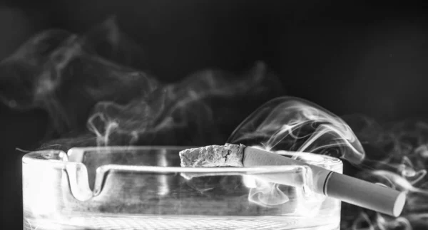 烟草还是健康。在玻璃烟灰缸中焚烧香烟。吸烟 — 图库照片