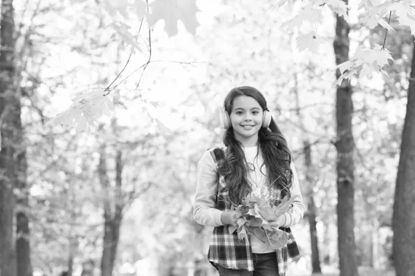 Totalmente feliz. beleza e natureza. O miúdo feliz usa auscultadores. menina adolescente ouvir música no caminho para a escola. criança passeio na floresta de outono. folhas de bordo queda no parque. educação online. felicidade infantil — Fotografia de Stock