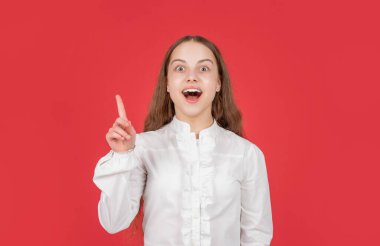 Okula dönüyorum. Eğitim konsepti. Kırmızı arka planda beyaz gömlekli çocuk. çocukluk.