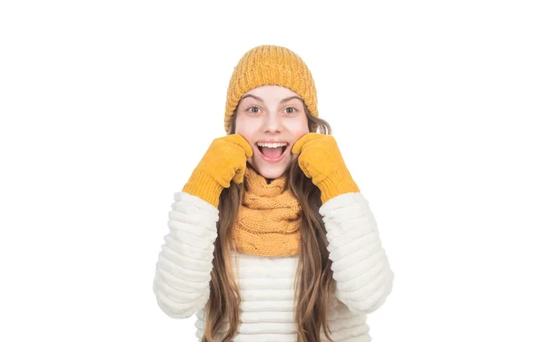 Happy kid in knitted hat scarf and gloves warm clothes isolated on white, knitwear — Stock Photo, Image