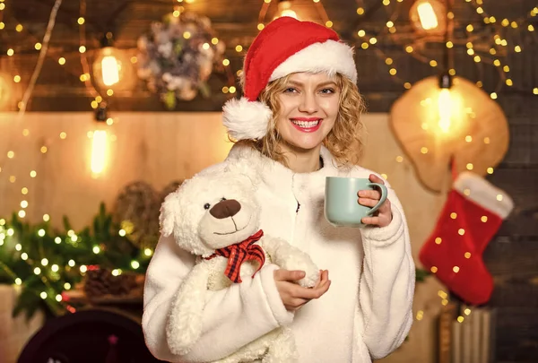 Planeje alguma atividade de Natal interessante. Menina com caneca bebida quente relaxante. Coisas para fazer antes do Natal. Mulher com ursinho de pelúcia beber chá natal decorações fundo. Relaxar e recarregar — Fotografia de Stock