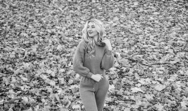 Sexy signora in autunno vestiti caldi in autunno foresta o parco con foglie, previsione — Foto Stock