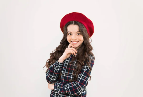Fashion shop. Fancy accessory. Child long curly hair wearing beret hat. Happy schoolgirl stylish uniform. Happy childhood concept. Happy smiling cheerful kid portrait. Small girl nice hairstyle — Stock Photo, Image