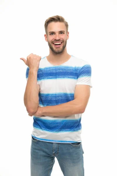 In good mood. happy guy with unshaven face. expressing positive human emotions. bearded sexy man wearing casual shirt. male spring fashion style. mens facial care and beauty. having trendy haircut — Stock Photo, Image